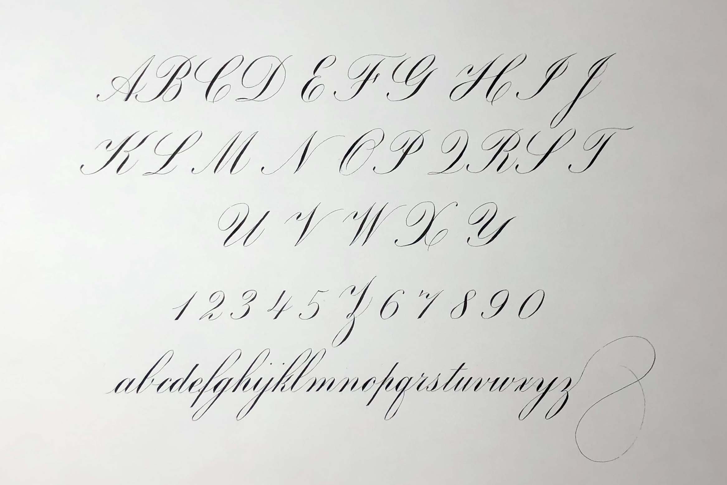 Capitals, Numbers and Lowercase alphabet written in Engrosser's Script calligraphy by Katie Leavens