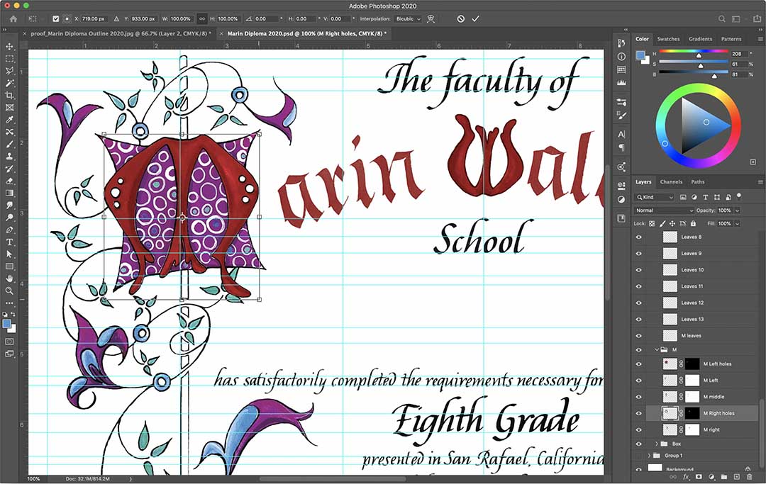 Putting all the pieces together in Photoshop for Marin Waldorf School 2020 Diploma by Katie Leavens