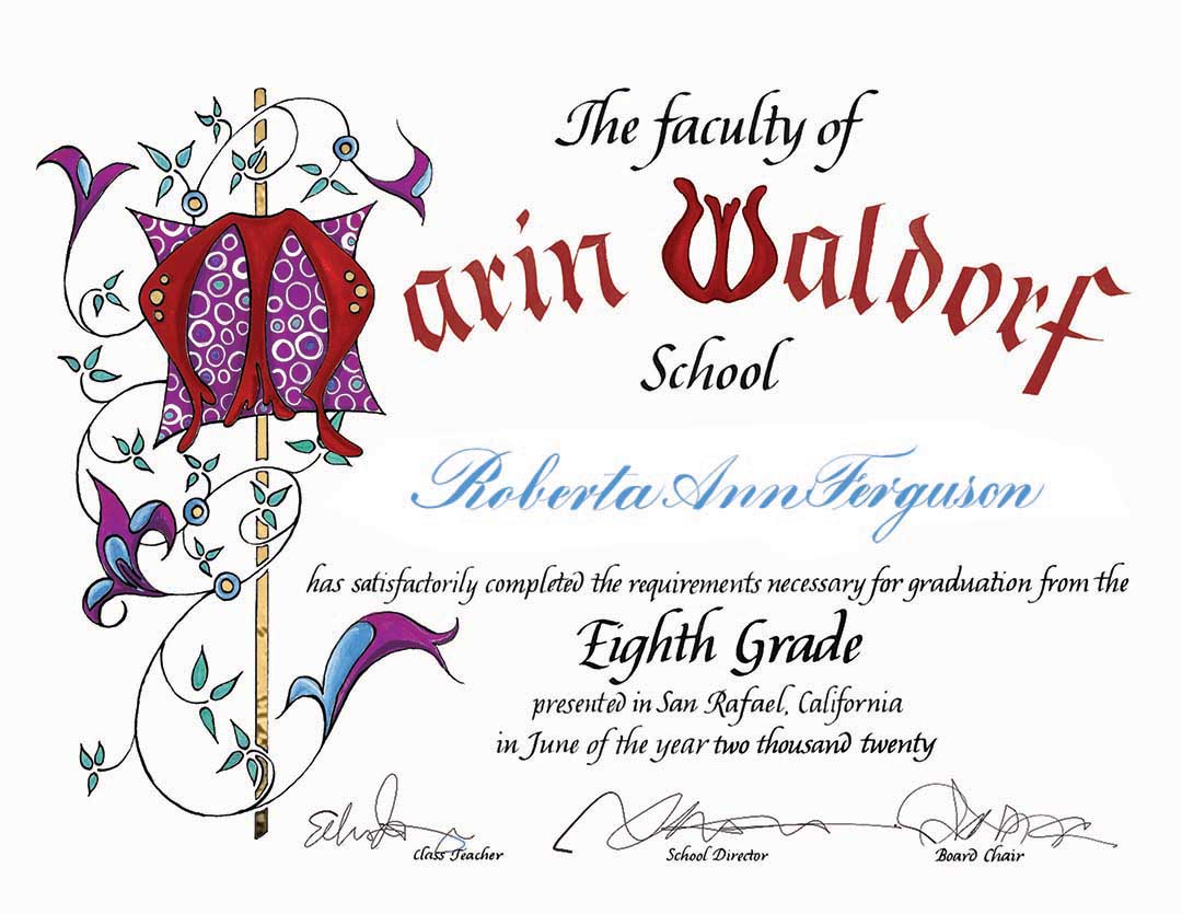 Proof of Marin Waldorf School 2020 Diploma by Katie Leavens