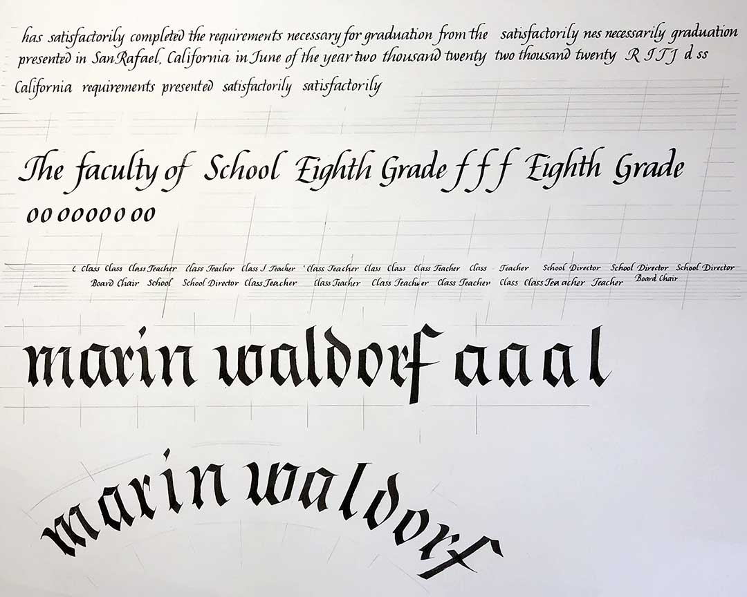 All the Lettering for Original art of Marin Waldorf School 2020 Diploma by Katie Leavens