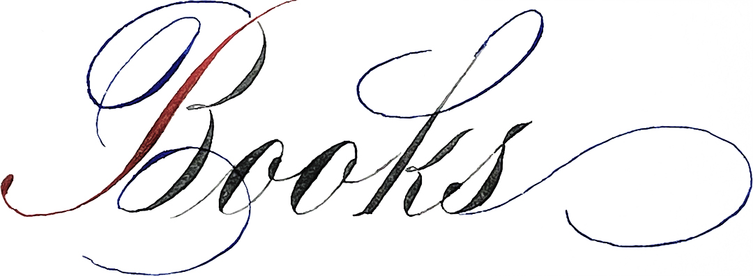 "Books" written in Engrosser's Script with parts marked in color. The commonly flourished areas are in blue. The stem of the capital is in red. Calligraphy by Katie Leavens.
