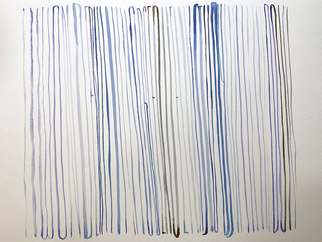 painted vertical lines in shades of blue strategically connected to create letters spelling "wonder, observe, study, do" by Katie Leavens