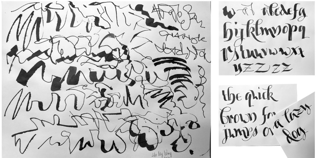 automatic drawing with ruling pen with transition steps to alphabet & pangram by Katie Leavens