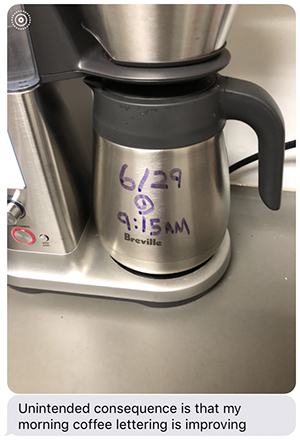 text message from Stephan with picture of coffee pot about how his handwriting had unexpectedly improved.