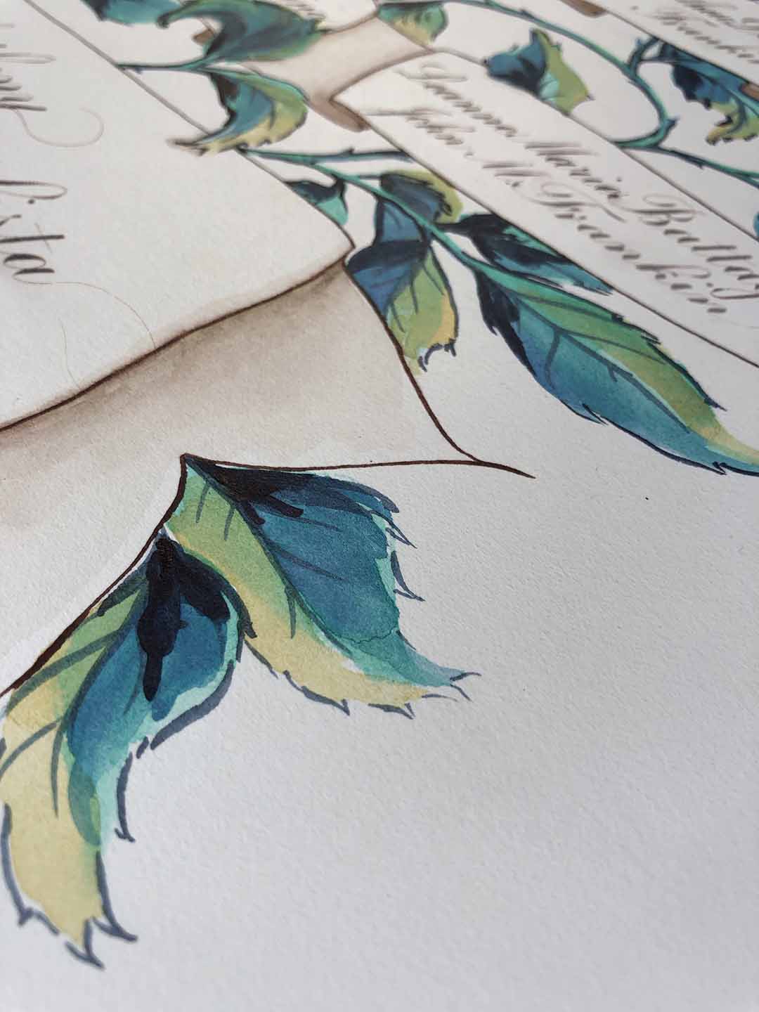 Detail of watercolor rose leaf by Katie Leavens