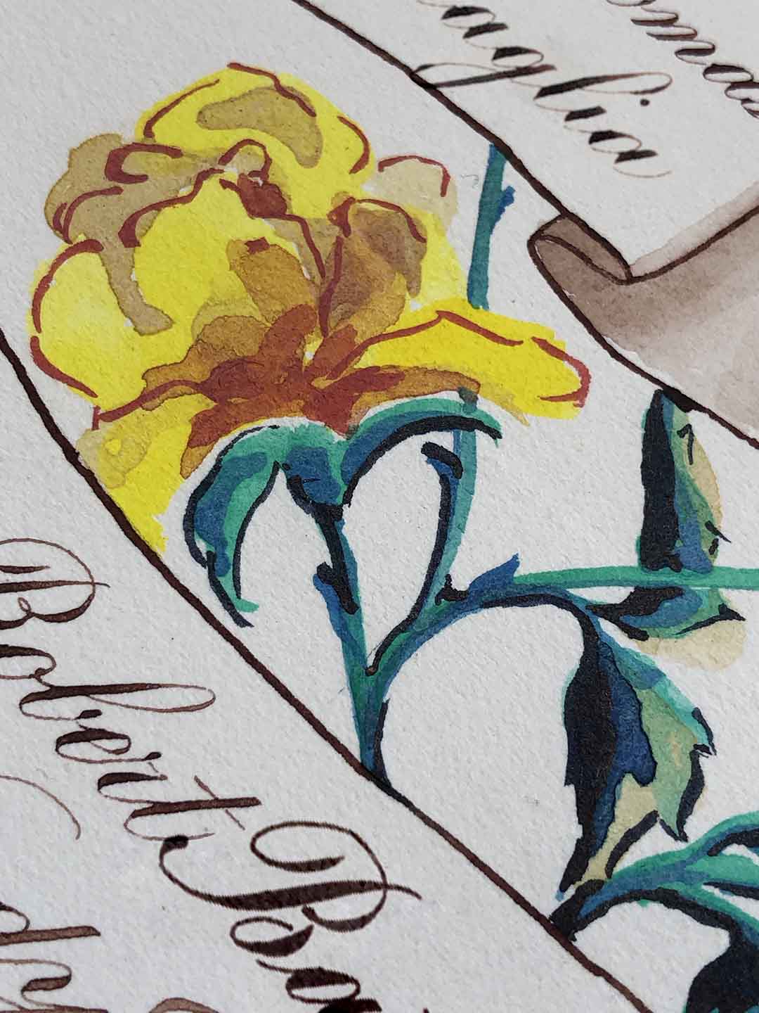 Detail of watercolor yellow rose by Katie Leavens