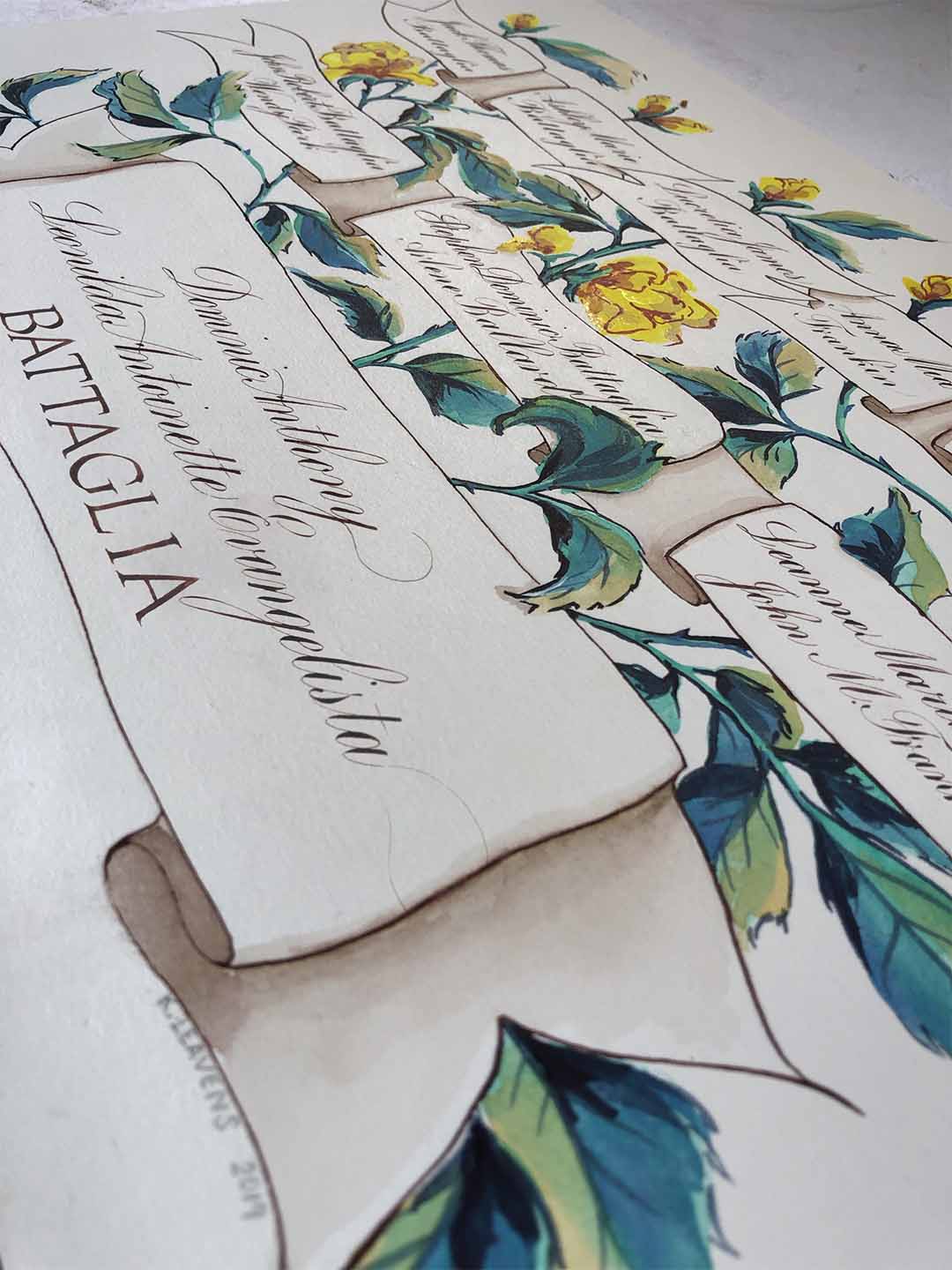 angle shot ofFamily tree with yellow rose branches, copperplate calligraphy names, and a little bit of Roman lettering by Katie Leavens
