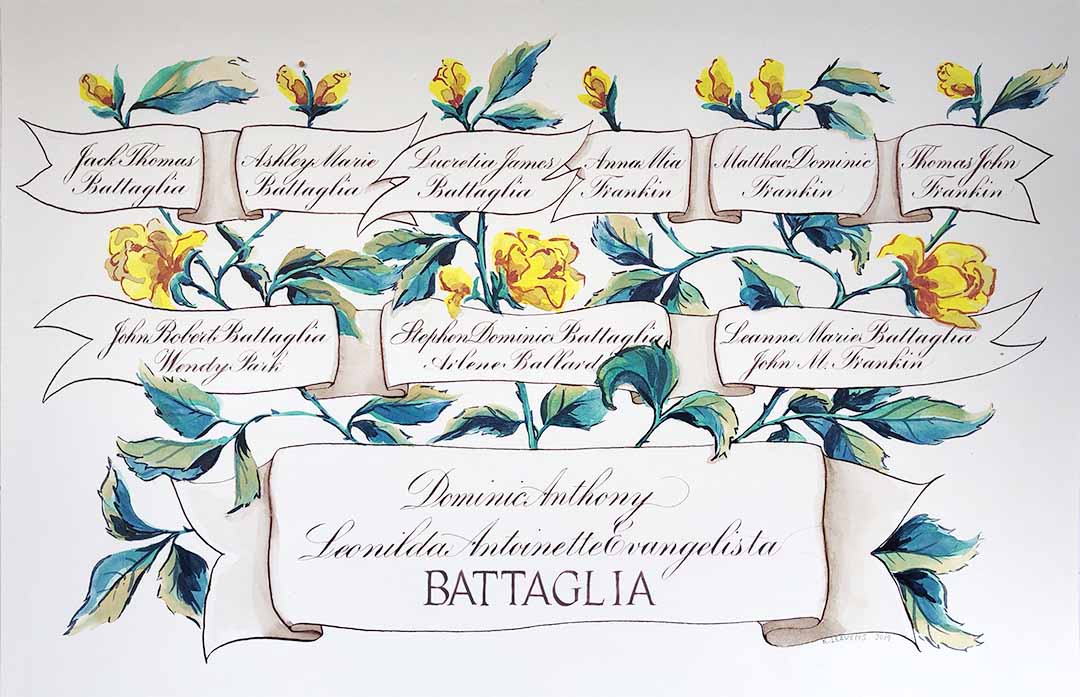 Family tree with yellow rose branches, copperplate calligraphy names, and a little bit of Roman lettering by Katie Leavens
