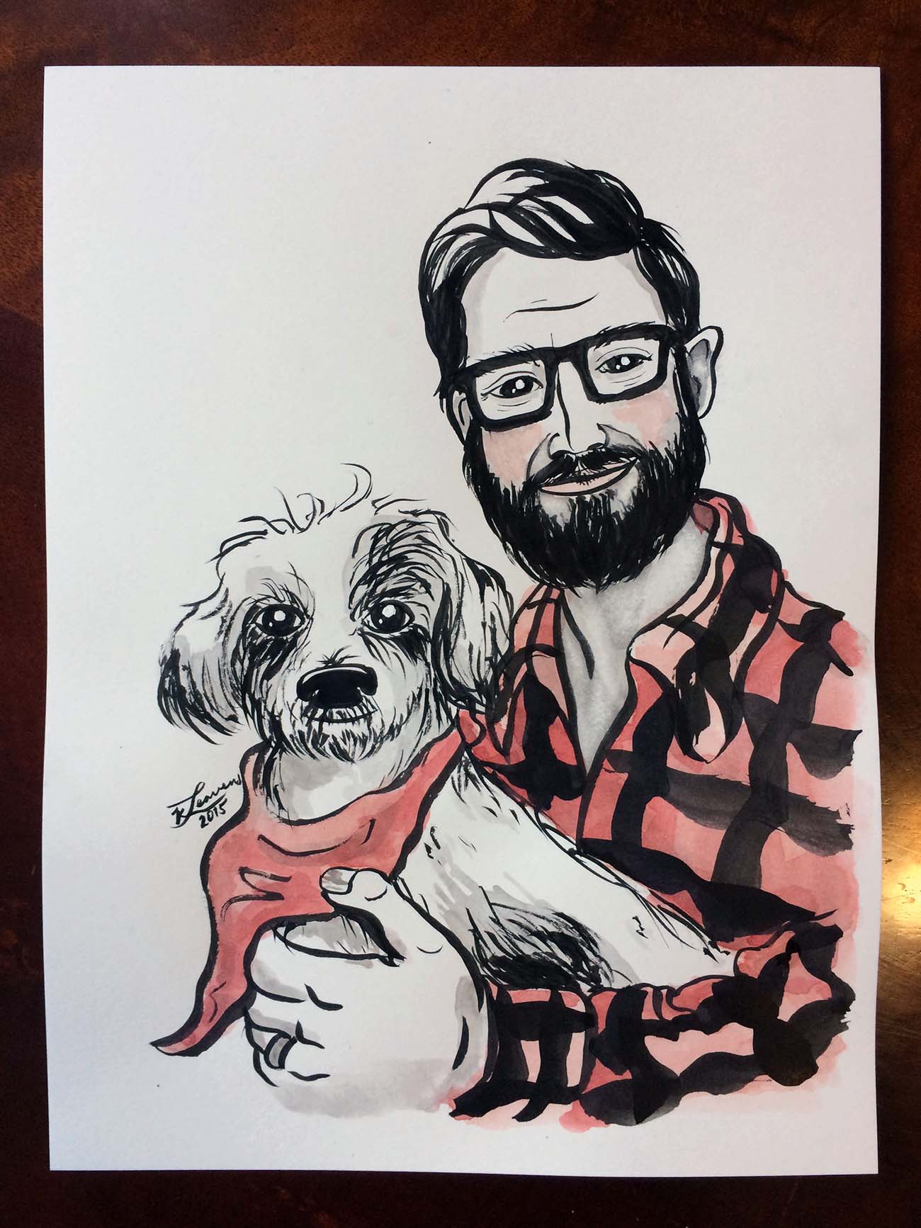 Man & his Dog ink and watercolor painting by Katie Leavens
