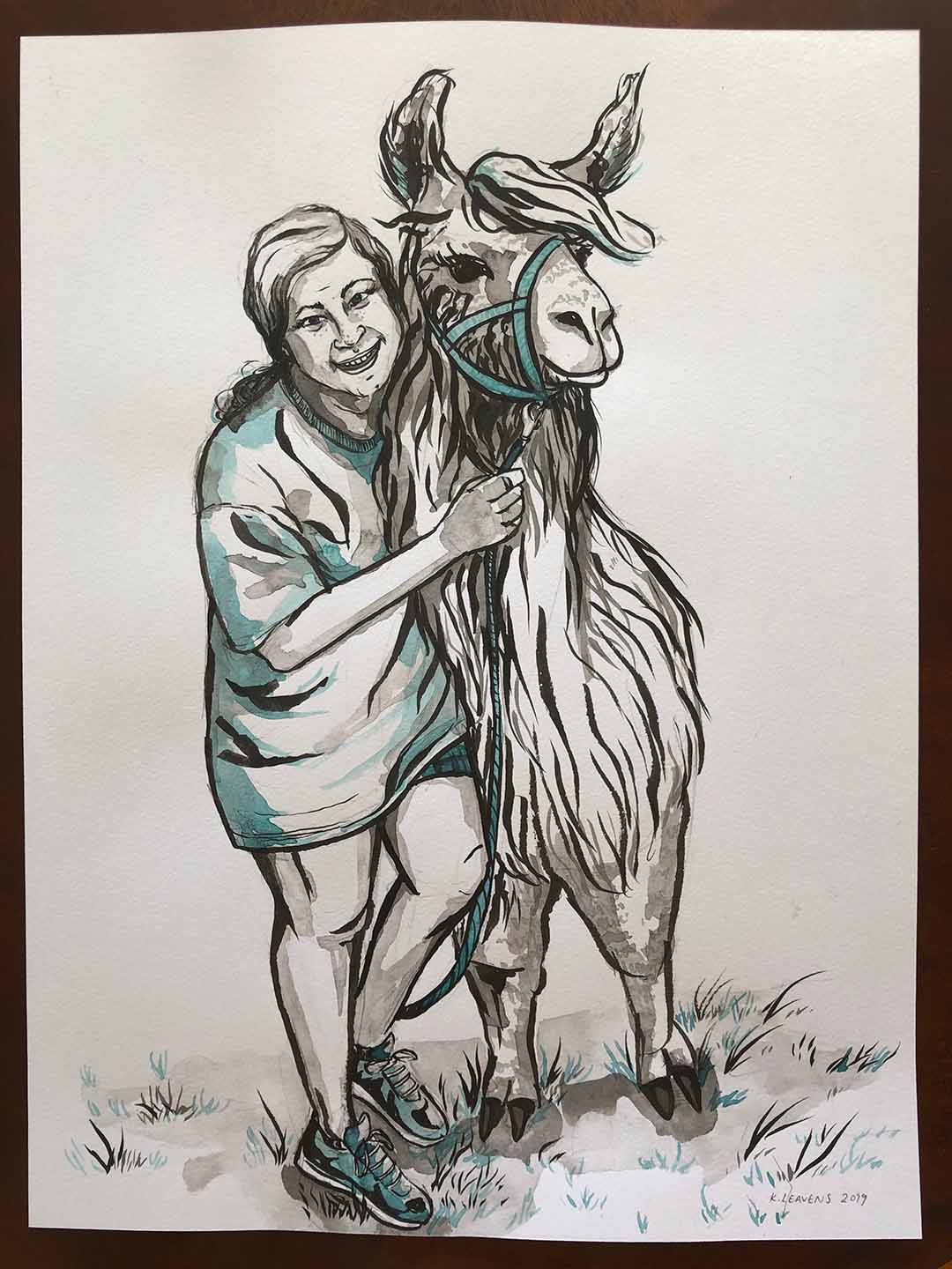 Woman & a Llama ink and watercolor painting by Katie Leavens