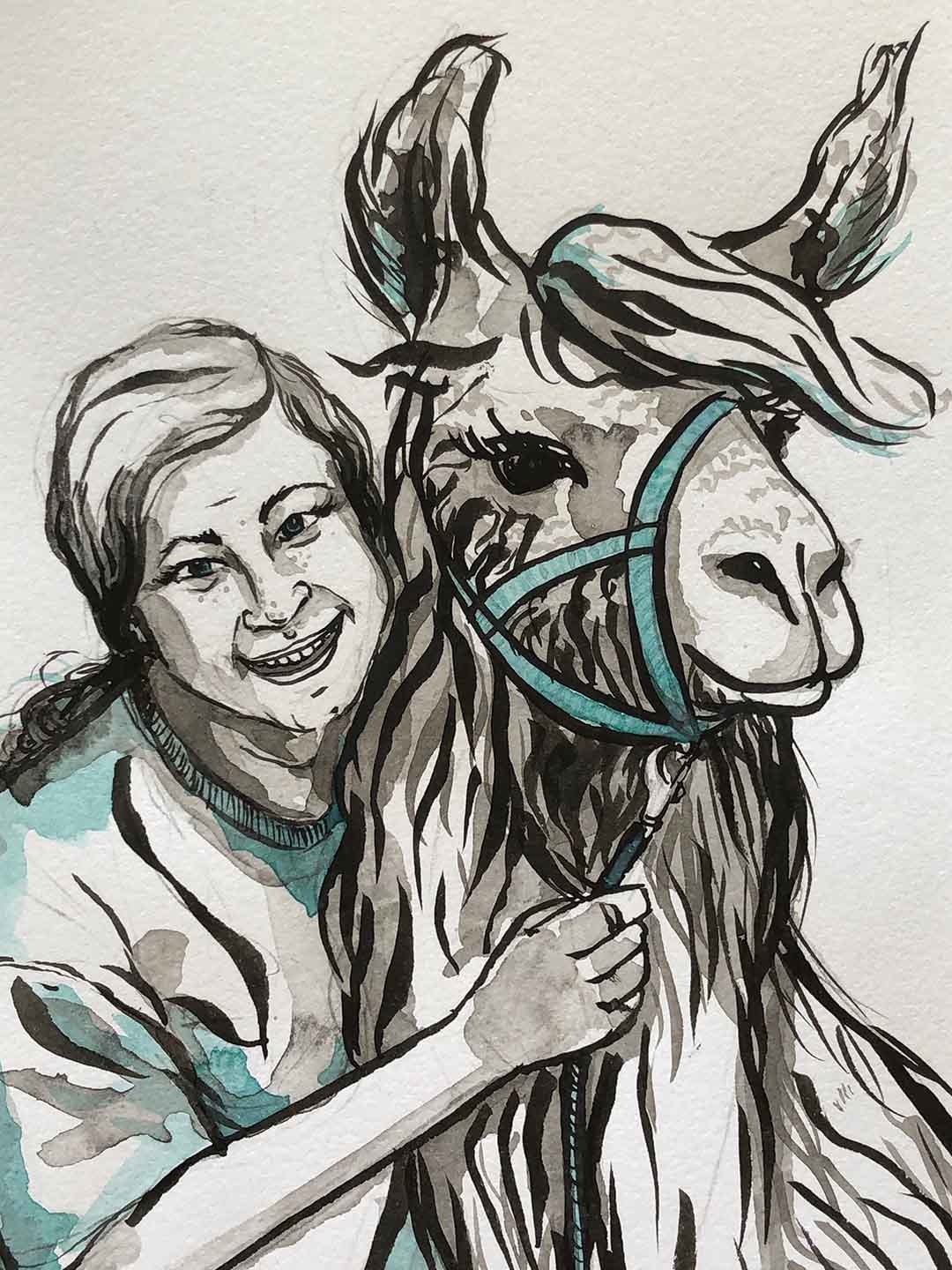 Close-up of Woman & a Llama ink and watercolor painting by Katie Leavens