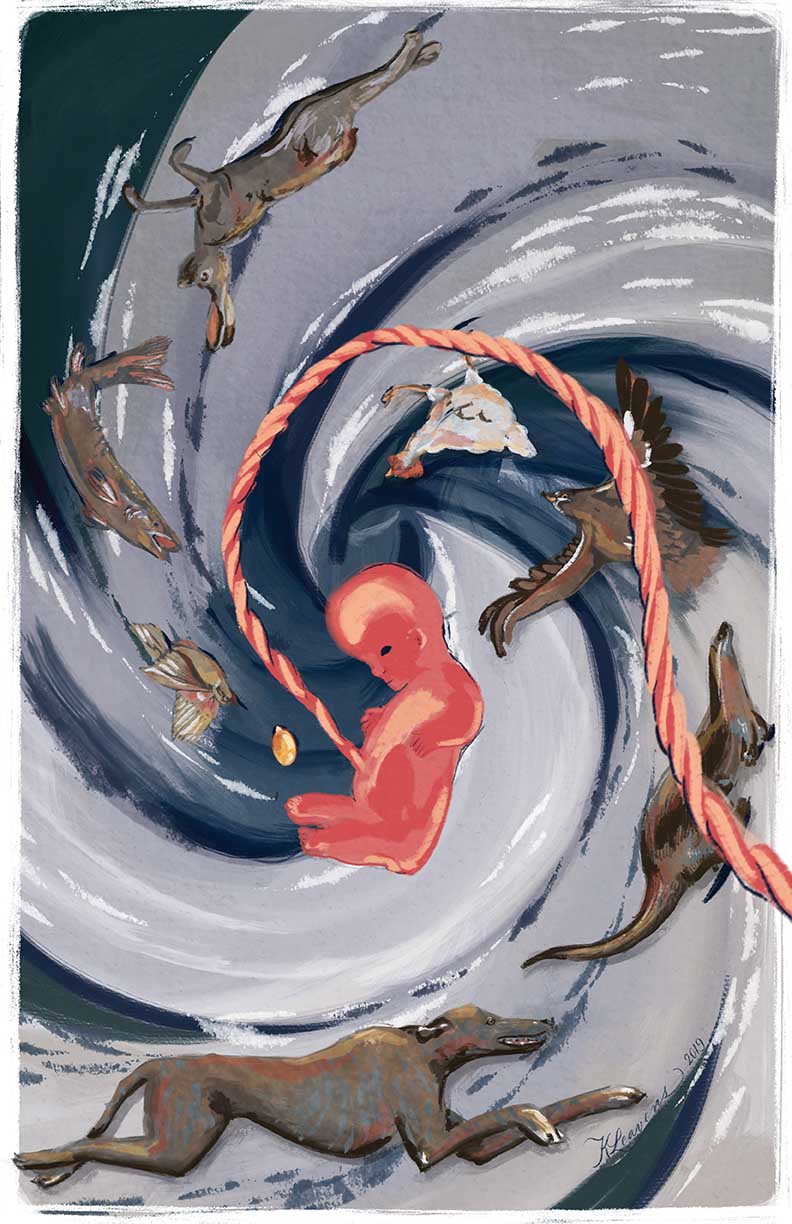 Fetus surrounded by many animals in a swirl by Katie Leavens