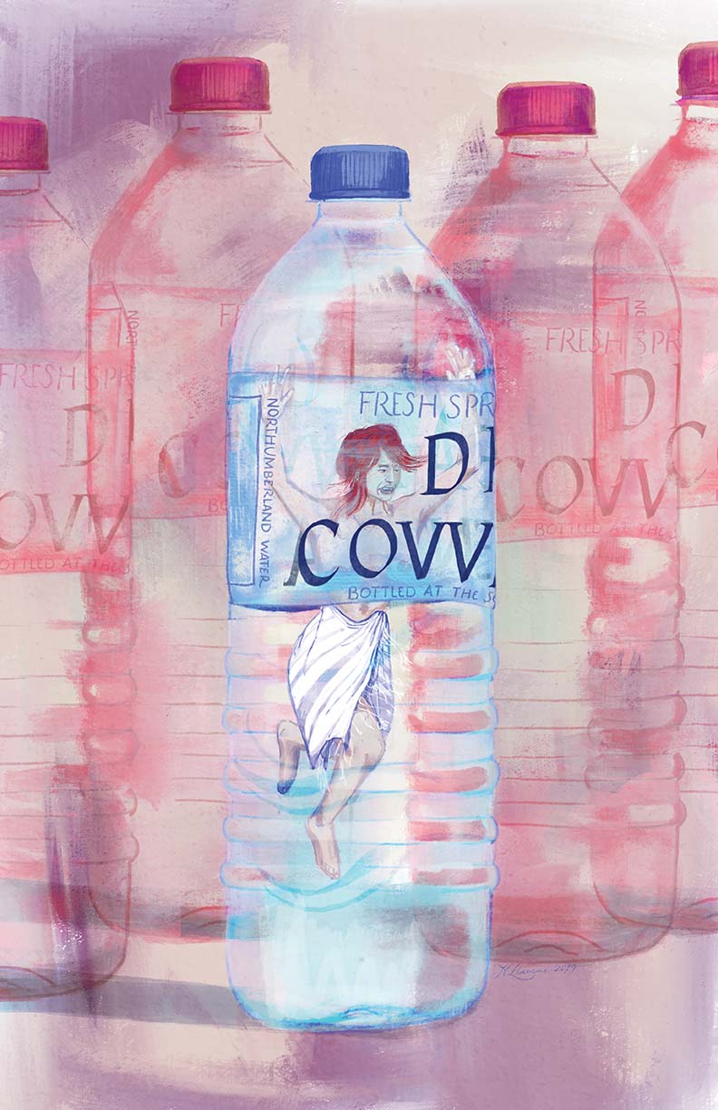Coventina trapped in a plastic water bottle instead of her well by Katie Leavens
