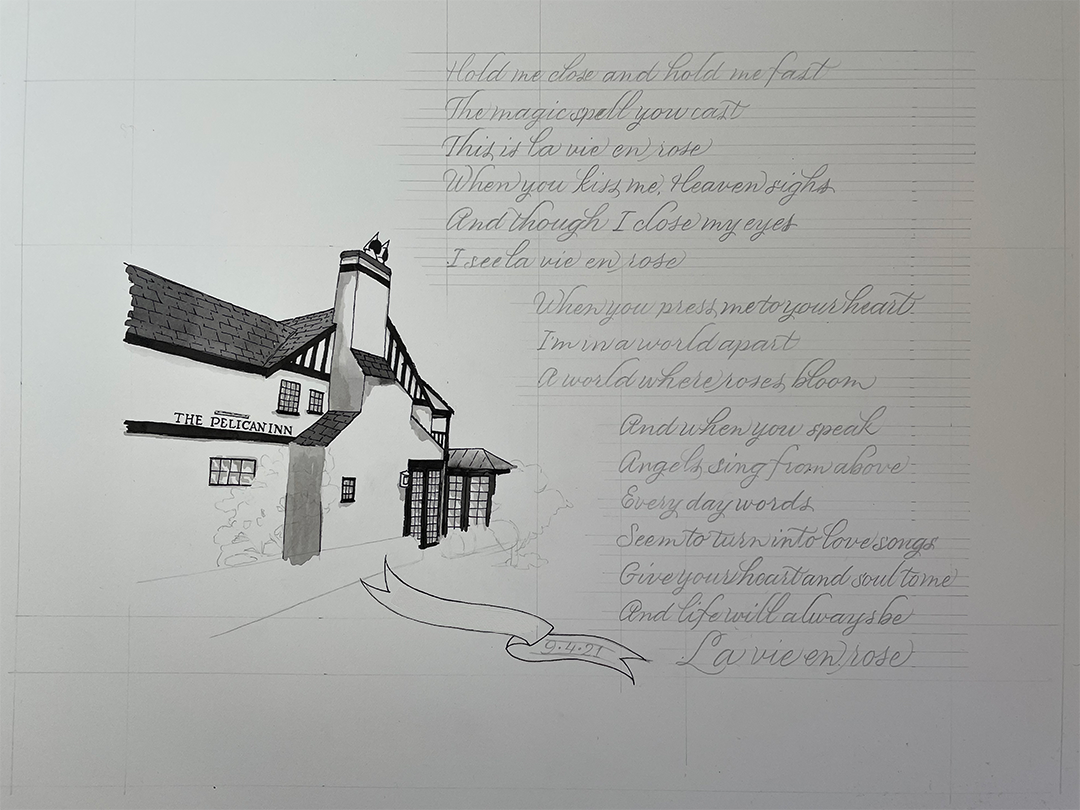 Inked version of the Pelican Inn illustration with penciled in lettering and lining by Katie Leavens