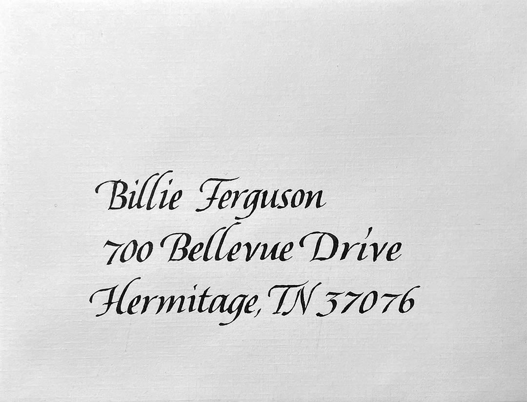 Envelope style sample of Italic Calligraphy by Katie Leavens