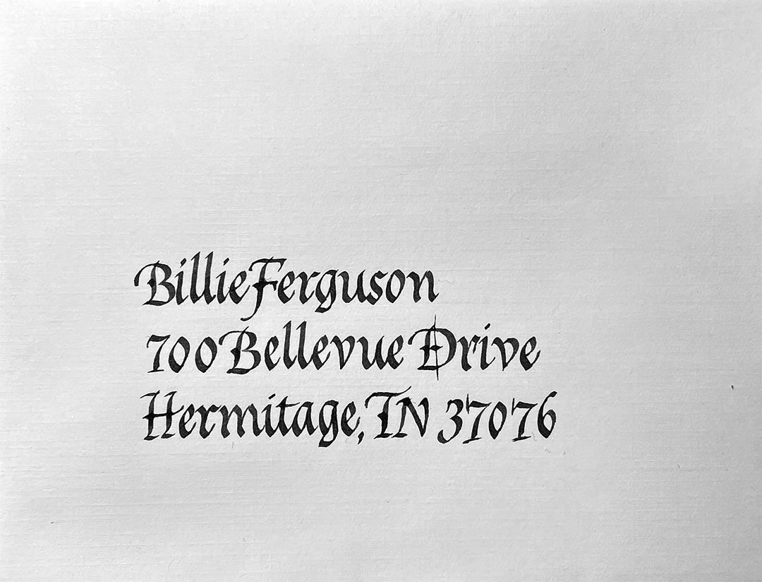 Envelope style sample of Gothicized Italic Calligraphy by Katie Leavens