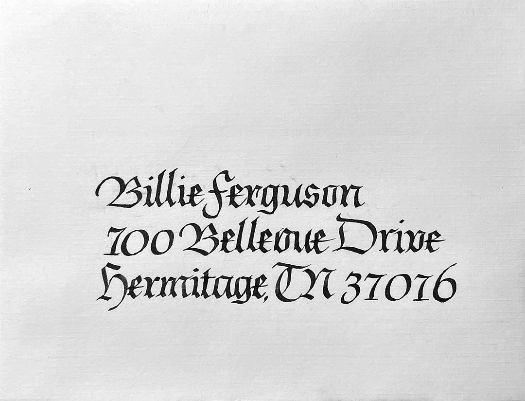 Envelope style sample of Fraktur Calligraphy by Katie Leavens