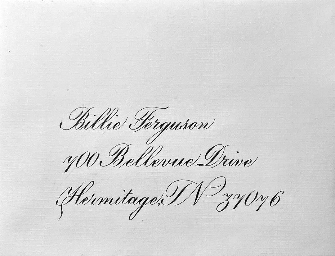 Envelope style sample of Engrosser's Script Calligraphy by Katie Leavens