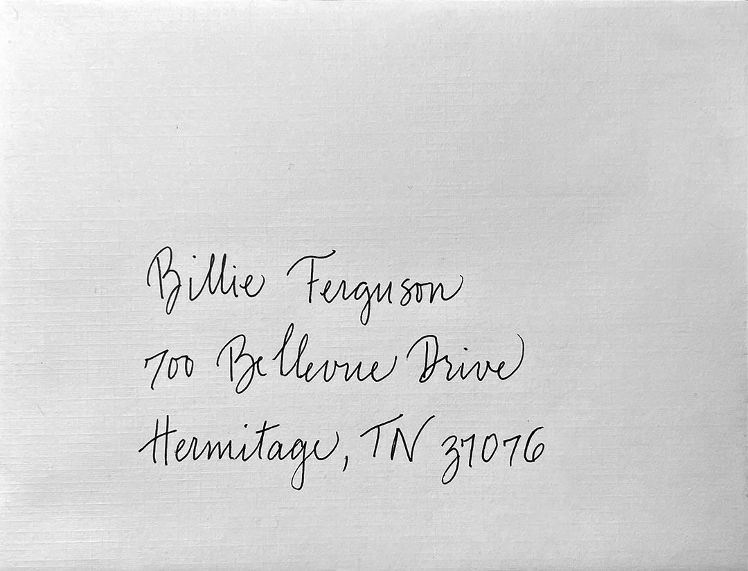 Envelope style sample of Modern Cursive Calligraphy by Katie Leavens