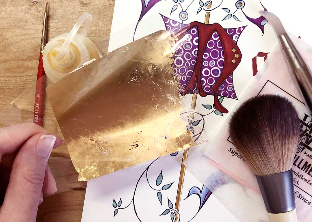 Gilding tools: gold leaf, sizing, burnisher