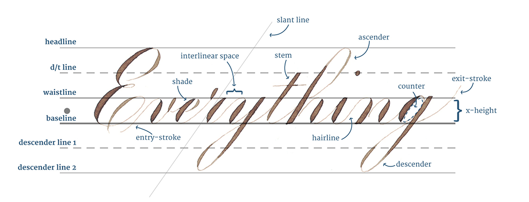 Parts of a word 'Everything' labeled with calligraphy terms by Katie Leavens