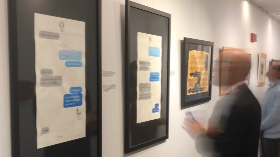 Both Mundane Love pieces hanging in the Calligraphies in Conversation exhibit by Katie Leavens