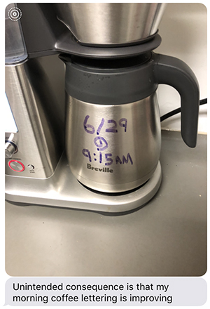 Text message from Stephan with picture of coffee pot about how his handwriting had unexpectedly improved.