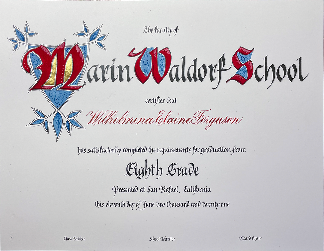 Full diploma for the Marin Waldorf School 2021 graduates with red illuminated M in a mid-century style on blue shield by Katie Leavens