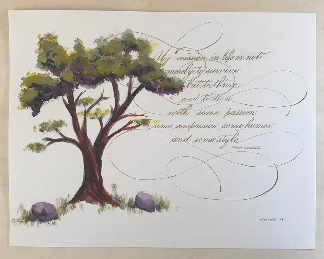 Full diploma for the Marin Waldorf School 2021 graduates with red illuminated M in a mid-century style on blue shield by Katie Leavens